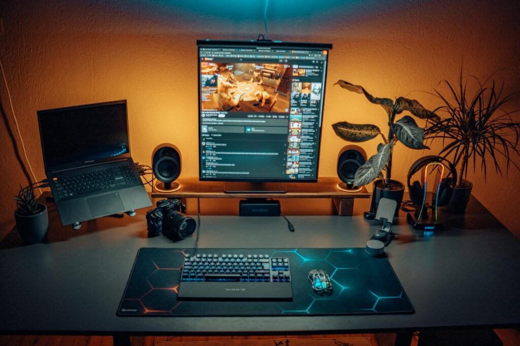 Modern Home Office Desk Setup with Gadgets