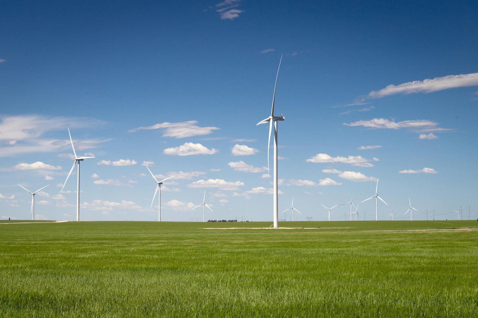 Wind turbines generating renewable energy in a green field under a clear blue sky.