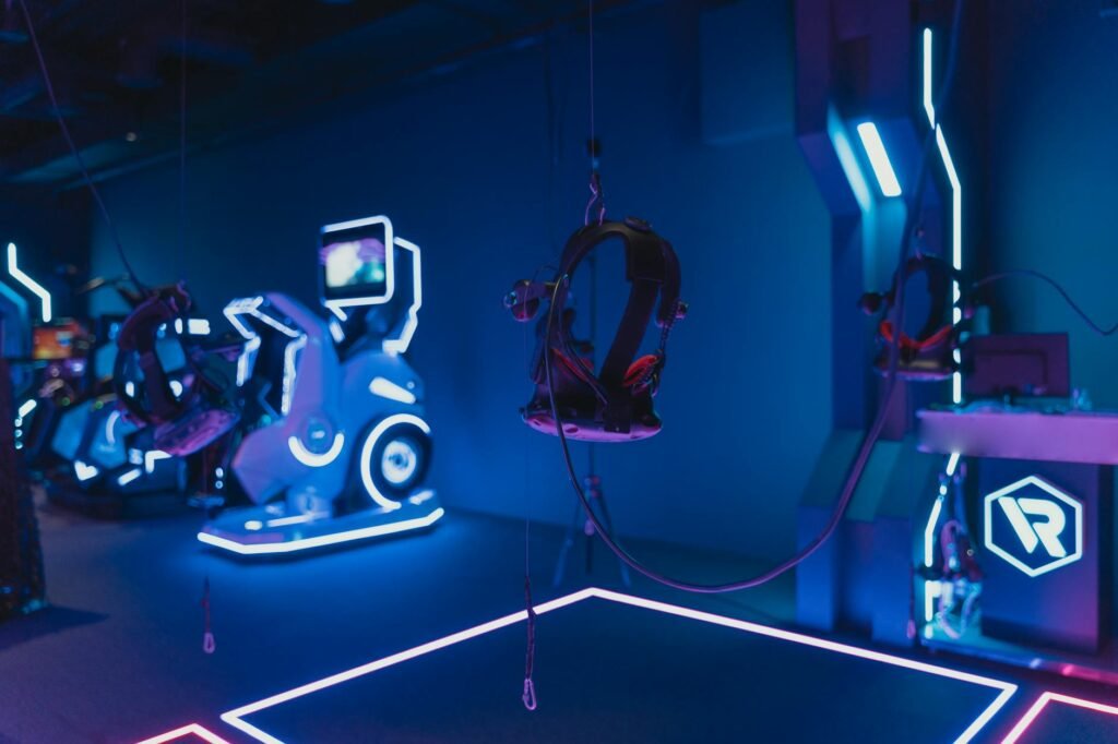 Immersive VR gaming setup with neon lights showcasing advanced technology.