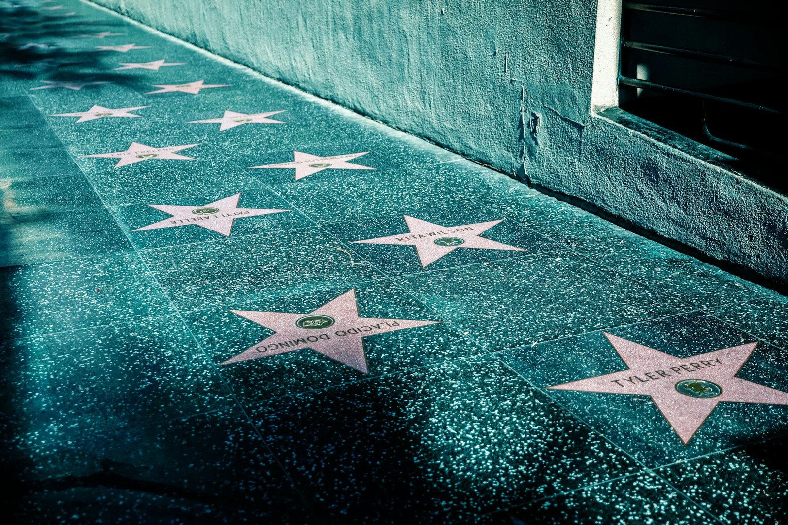 image View of Hollywood Walk of Fame with stars on the sidewalk in Los Angeles, California.