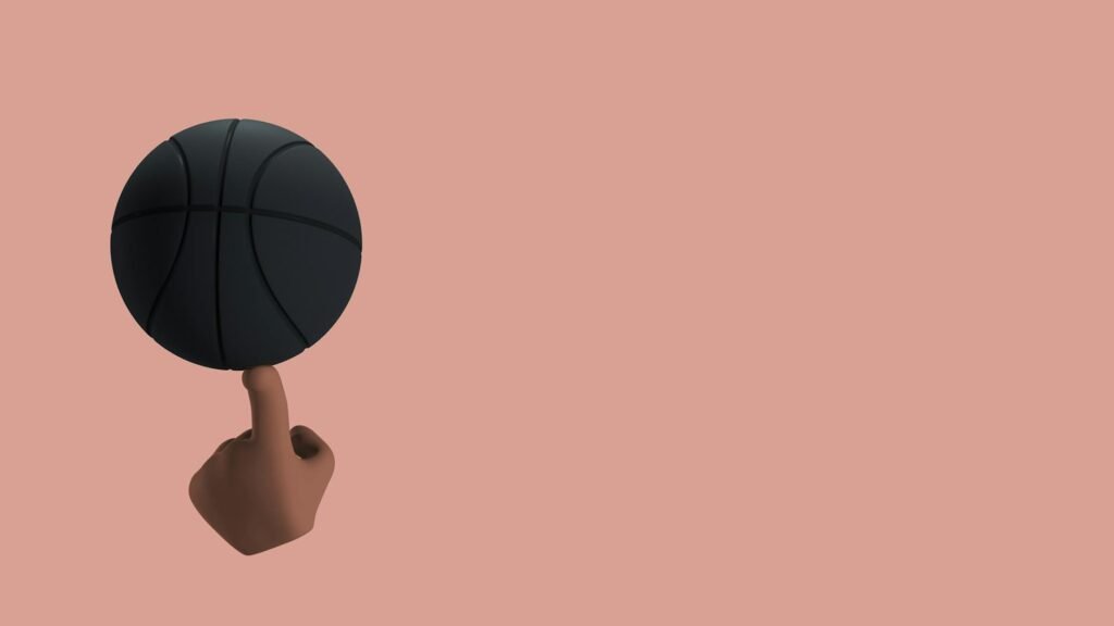 3D rendering of a hand balancing a basketball on a finger against a pink background.