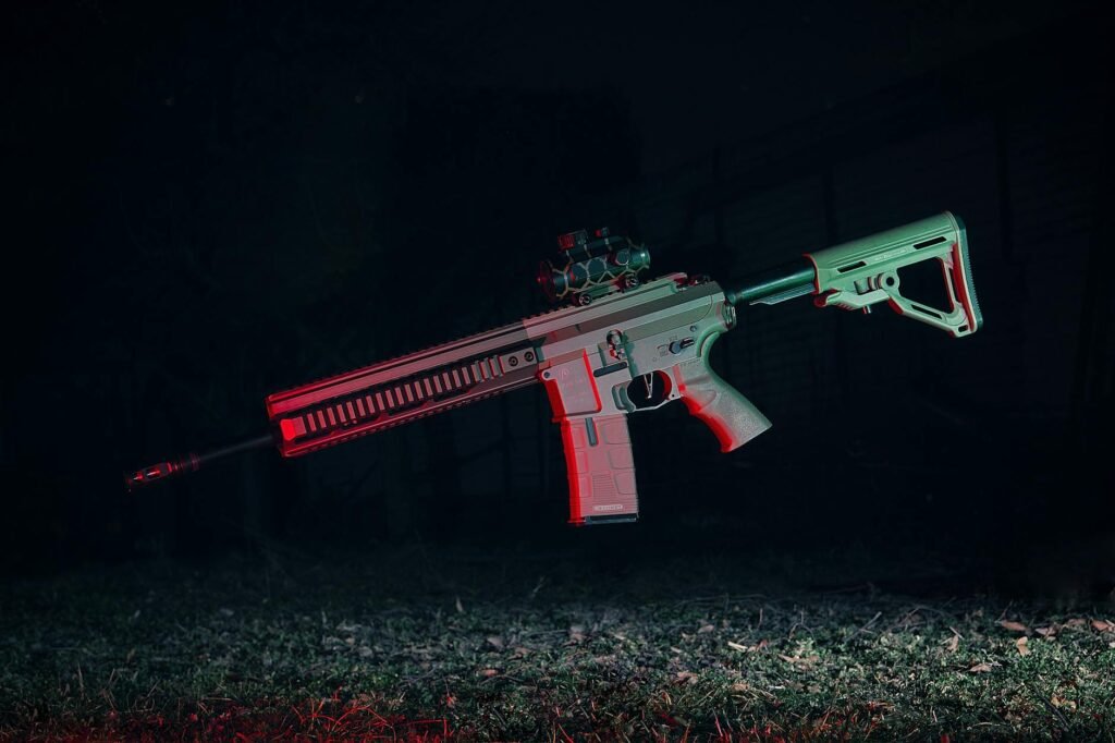 Airsoft rifle in midair with dynamic lighting and dark backdrop.