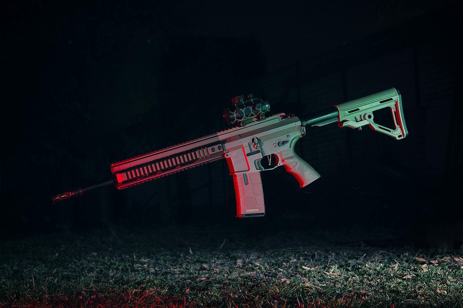 image Airsoft rifle in midair with dynamic lighting and dark backdrop.